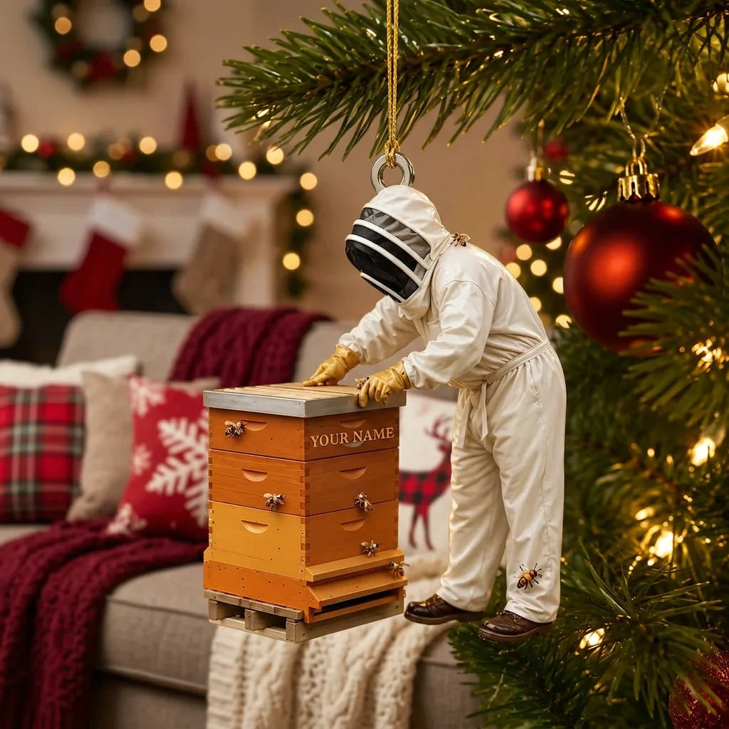 Personalized Acrylic Ornament, Beekeeper Tending a Hive, Christmas Tree Decor, Unique Gift for Bee Lovers