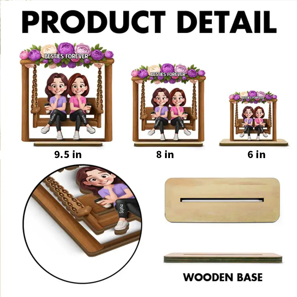 Personalized Layered Wooden Plaque, Friends On Swing Flower Art, Unique Creative Gift For Sister