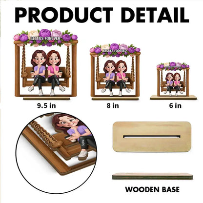 Personalized Layered Wooden Plaque, Friends On Swing Flower Art, Unique Creative Gift For Sister