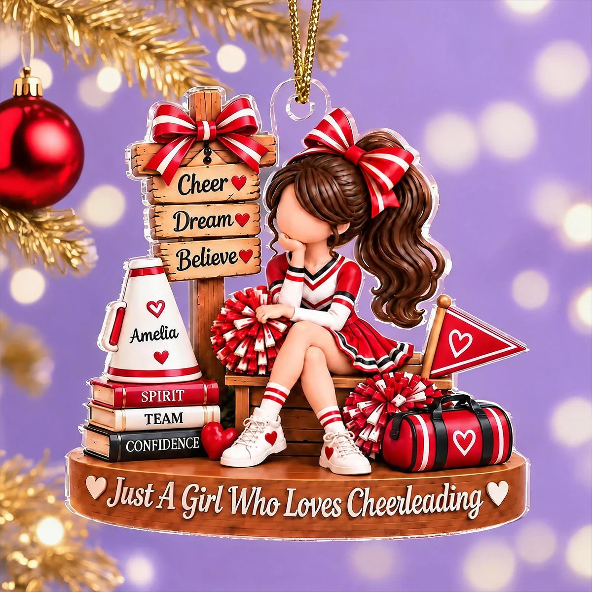 Personalized Acrylic Ornament, Seated Cheerleader with Pom Poms, Unique Christmas Gift for Daughter or Granddaughter