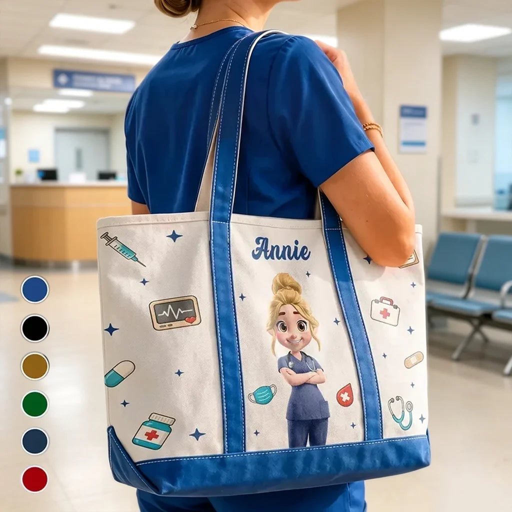 Personalized Oxford Cloth Tote Bag, Standing Cartoon Nurse in Scrubs with Medical Icons, Unique Gift for Nurses