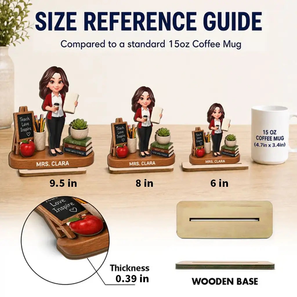 Personalized 2-Layer Wooden Plaque, Standing Teacher with Coffee & Book, Unique Creative Gift