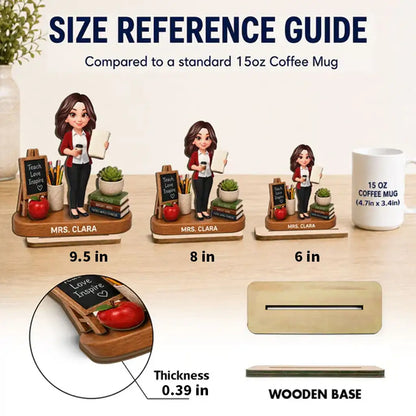 Personalized 2-Layer Wooden Plaque, Standing Teacher with Coffee & Book, Unique Creative Gift