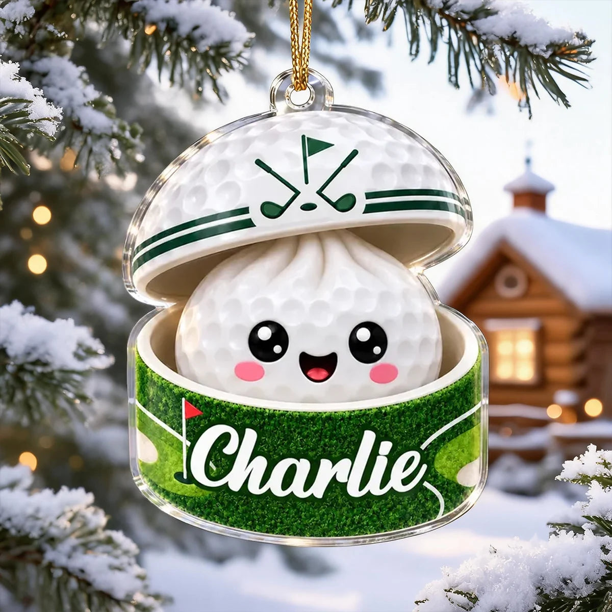 Personalized Acrylic Ornament, Cheerful Golf Ball on a Snowy Tree, Creative Keepsake Gift for Son or Daughter