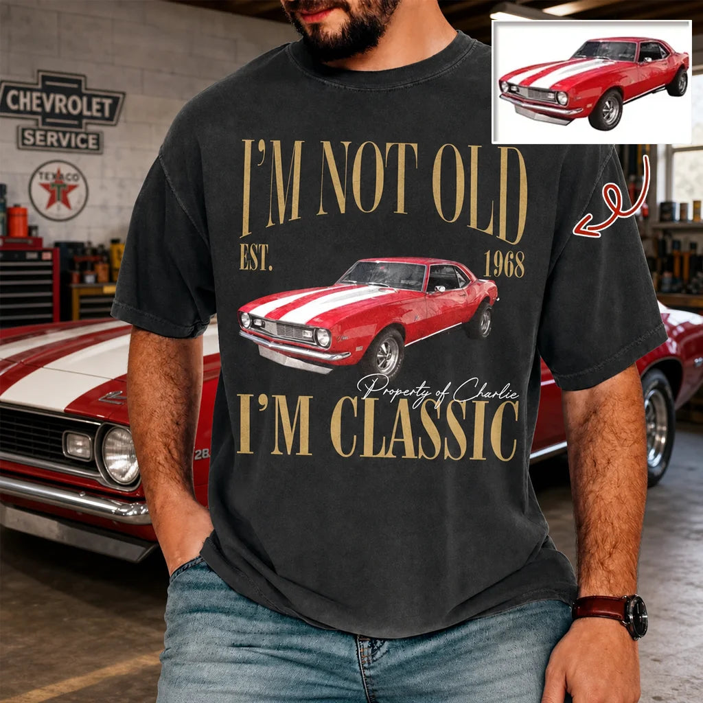 Personalized Classic Tee, Red Muscle Car and Retro Quote, Creative Keepsake Gift for Grandpa or Car Lover