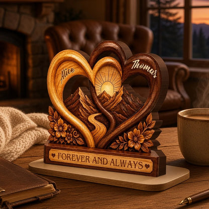 Personalized 2-Layer Wooden Plaque, Intertwined Hearts & Mountain Sunrise, Unique Gift for Couples