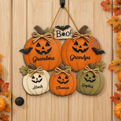 Personalized Wooden Sign with Grandma and Grandpa Pumpkins, Rustic Halloween Door Decor, Unique Gift for Grandparents