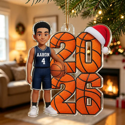 Custom Acrylic Ornament, Basketball Player by a Christmas Tree, Creative Keepsake Gift for Son or Daughter