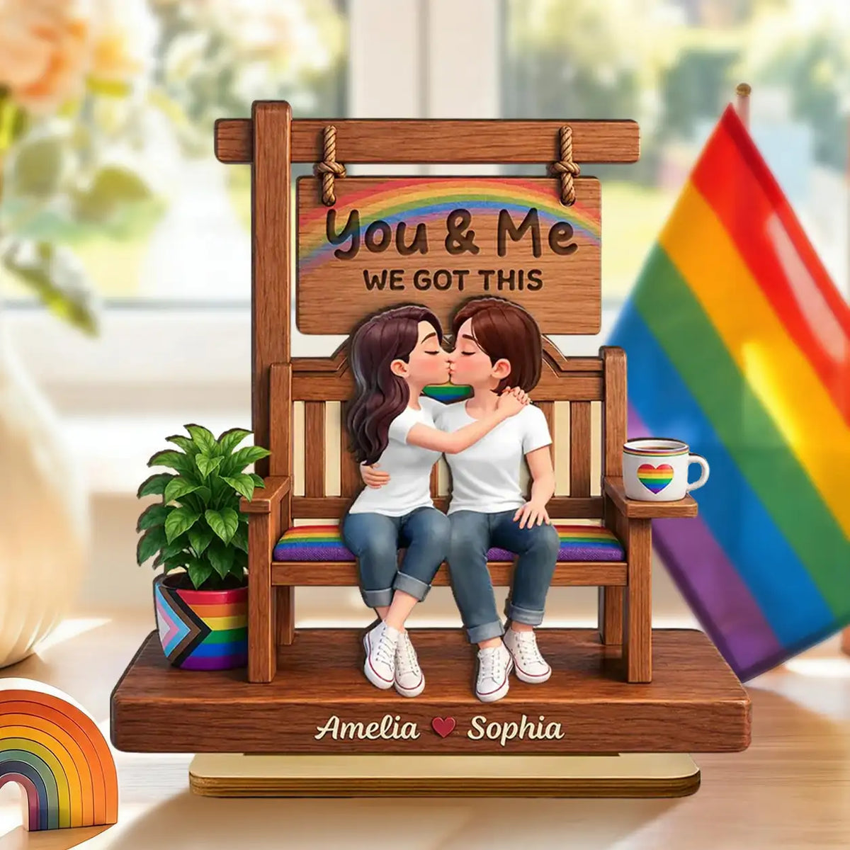 Personalized 2-Layer Wooden Plaque with Kissing Pride Couple, Unique Creative Gift for LGBTQ Couple