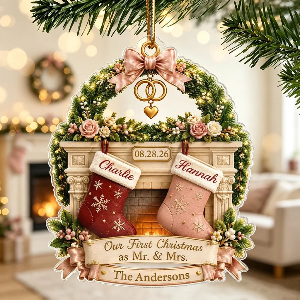 Personalized Acrylic Ornament, First Christmas as Mr. & Mrs. Fireplace Design, Unique Gift for a Couple