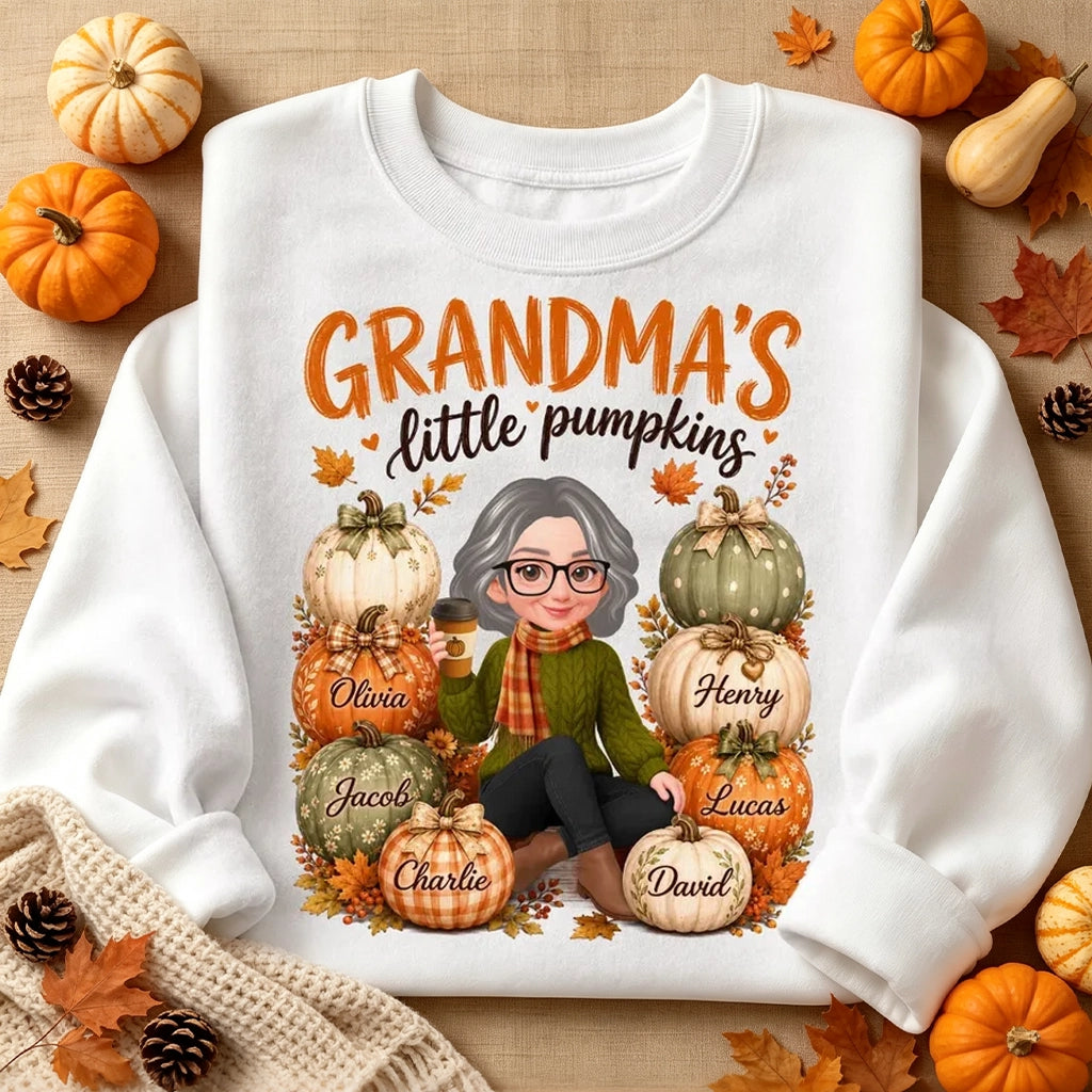 Grandma's Little Pumpkins Sweatshirt, Personalized Cartoon Grandma with Coffee, Creative Family Gift for Grandma