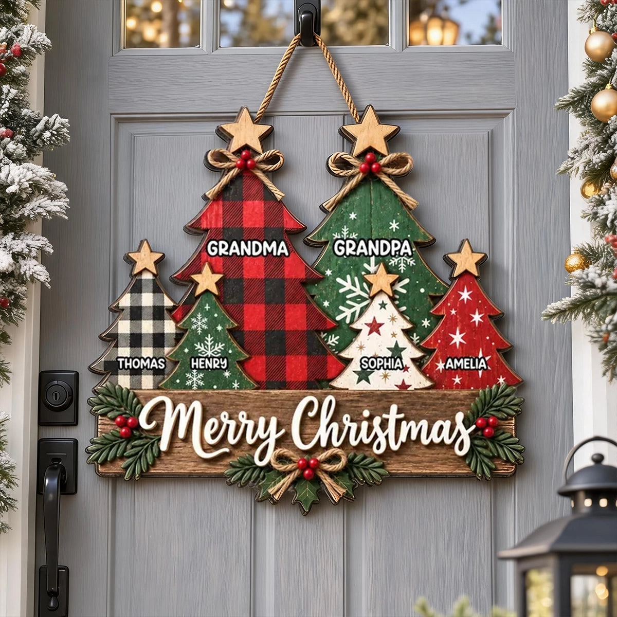 Personalized Wooden Sign, Rustic Christmas Trees for Grandparents, Unique Family Gift and Front Door Decor