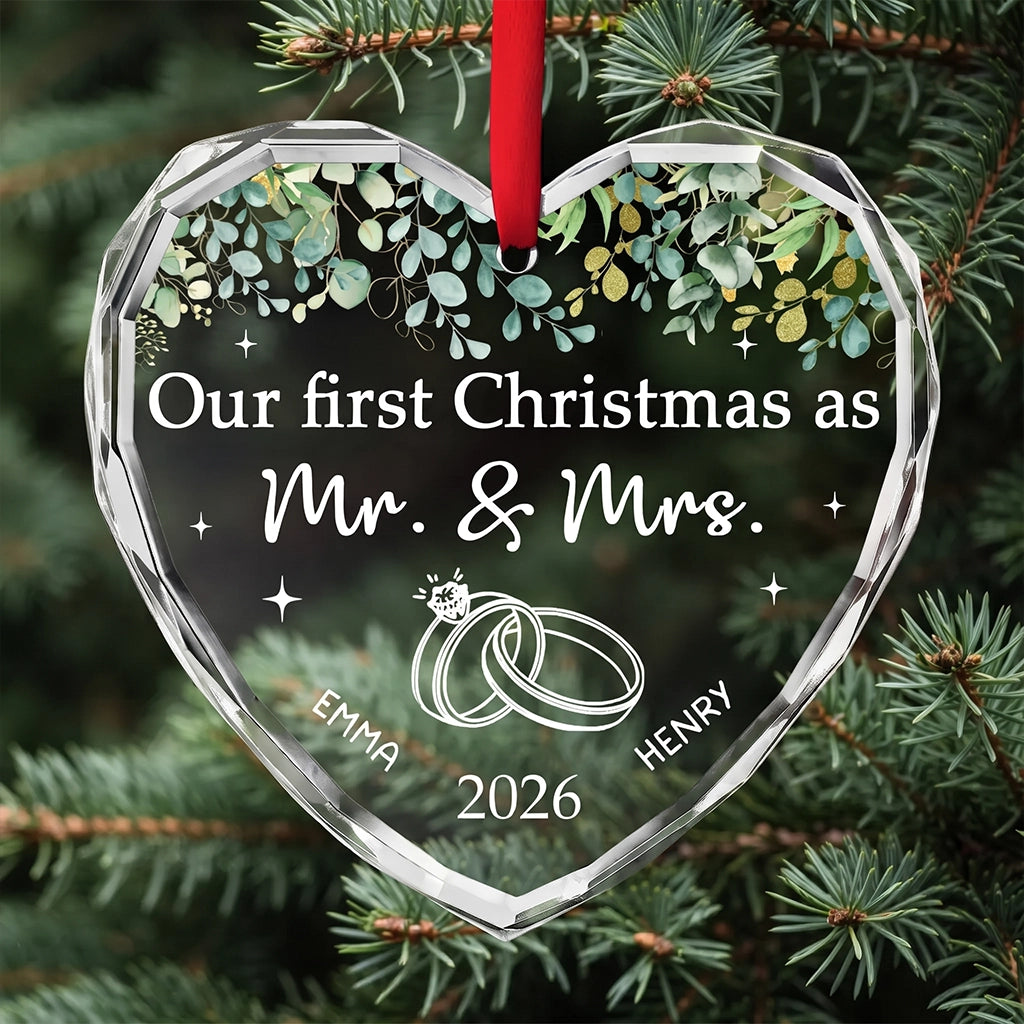 Personalized Crystal Heart Ornament with Wedding Rings and Greenery, Unique Wedding Gift for Newlyweds