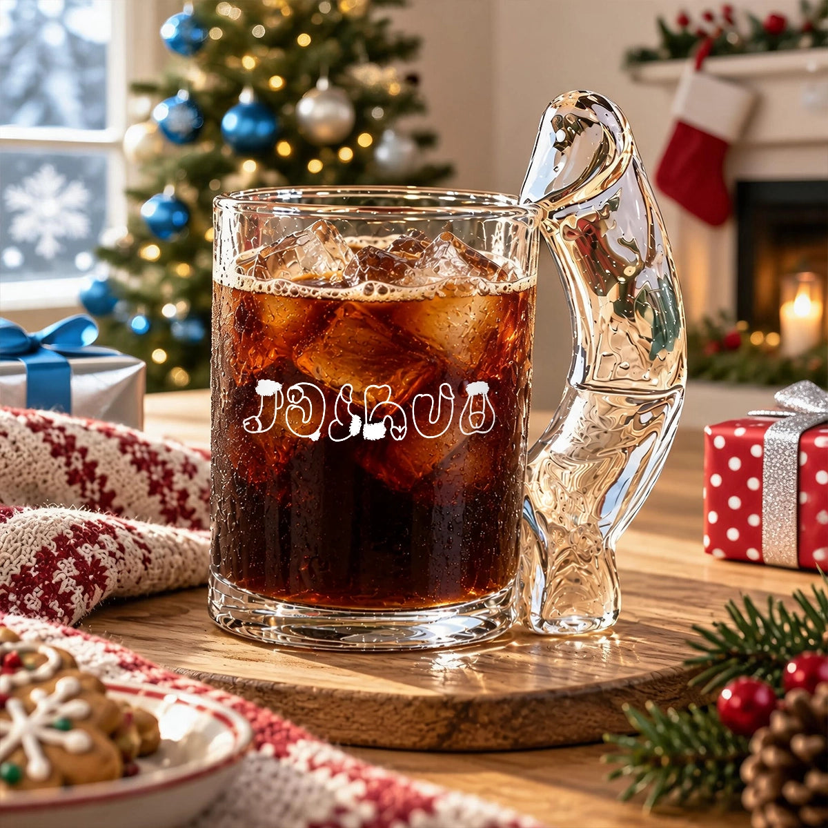 Personalized Curved Handle Glass Mug with Festive Lettering, Unique Gift for Coworker