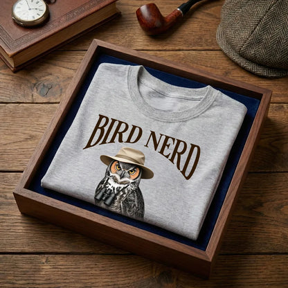 Personalized Bird Nerd Classic Tee with Owl in Hat and Binoculars, Funny Birdwatching Look, Unique Gift for Bird Lover