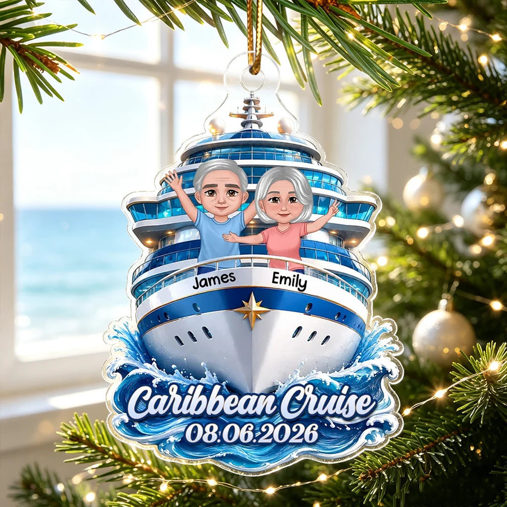 Personalized Acrylic Ornament, Waving Couple on Blue Cruise Ship, Unique Travel Gift for Couples
