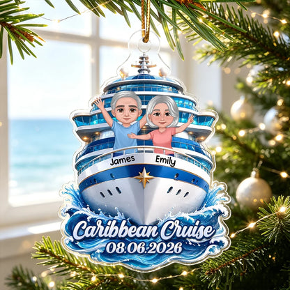 Personalized Acrylic Ornament, Waving Couple on Blue Cruise Ship, Unique Travel Gift for Couples