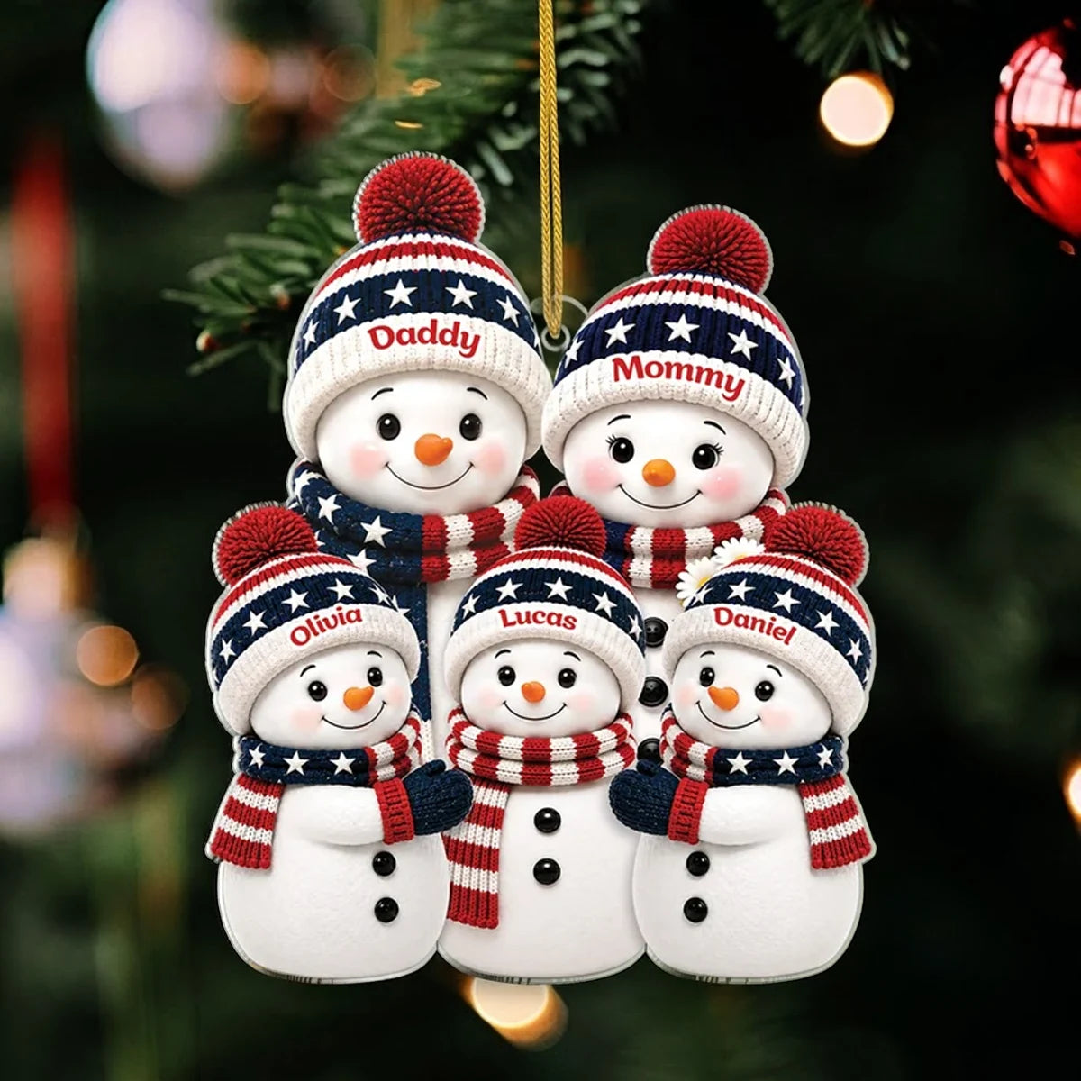 Personalized Acrylic Ornament, Smiling Patriotic Snowman Family Decor, Unique Christmas Gift for Grandma, Grandpa