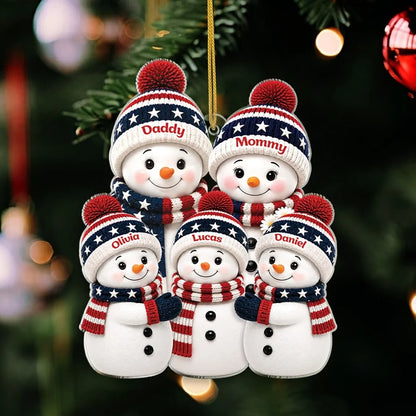 Personalized Acrylic Ornament, Smiling Patriotic Snowman Family Decor, Unique Christmas Gift for Grandma, Grandpa
