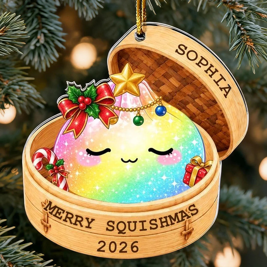 Personalized Acrylic Ornament, Rainbow Dumpling in Bamboo Steamer, Unique Christmas Gift for Family