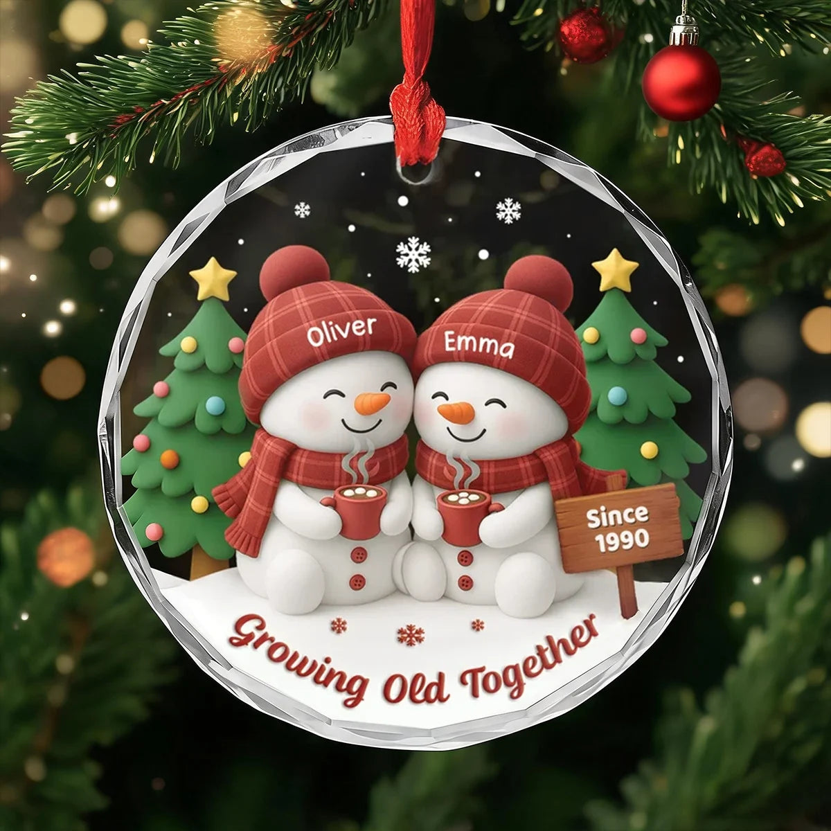 Personalized Growing Old Together Crystal Ornament, Cozy Snowman Couple, Creative Gift for Husband or Wife