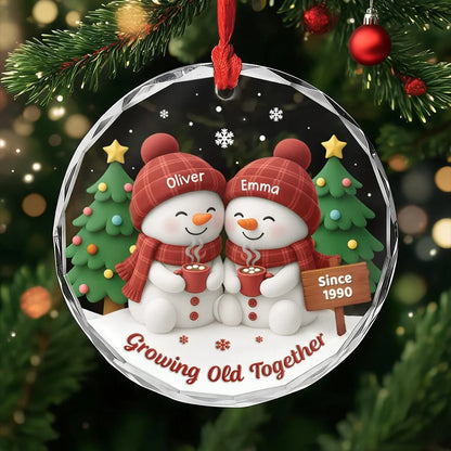Personalized Growing Old Together Crystal Ornament, Cozy Snowman Couple, Creative Gift for Husband or Wife