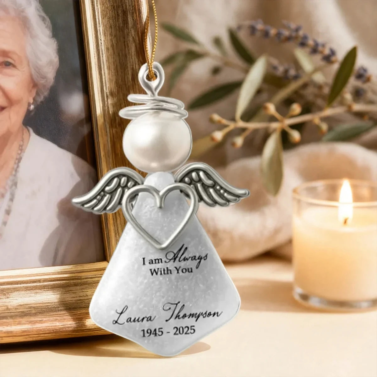 Personalized Acrylic Ornament, Hanging Silver Angel Memorial, Unique Candlelit Remembrance Gift for Family