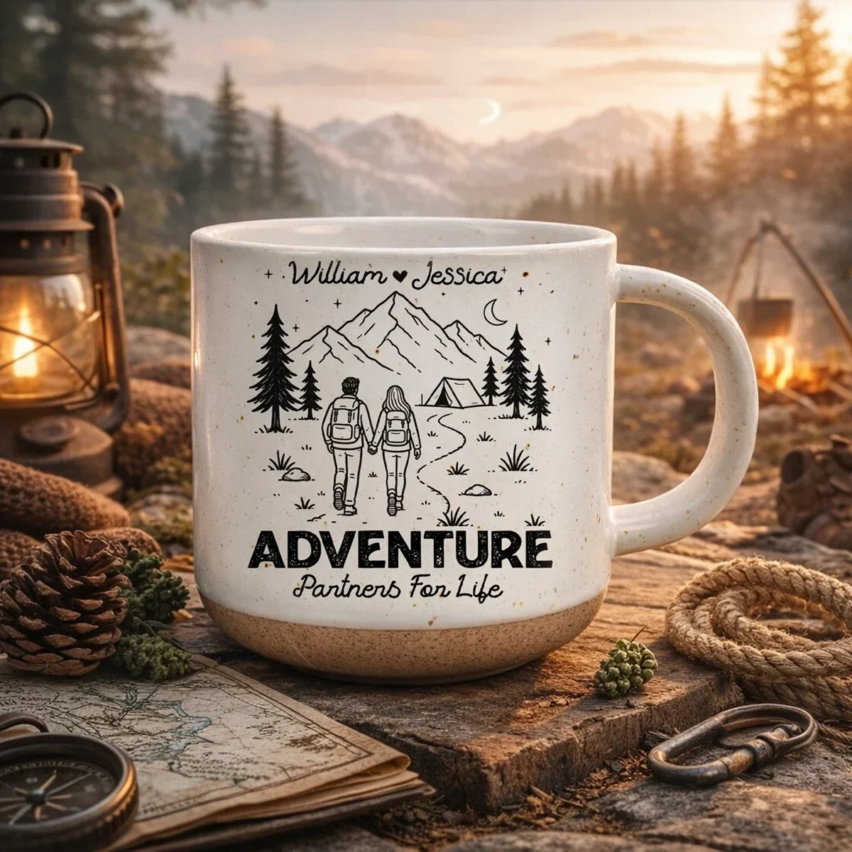 Adventure Partners for Life Personalized Pottery Mug, Hand-Holding Hikers, Creative Gift for Couples
