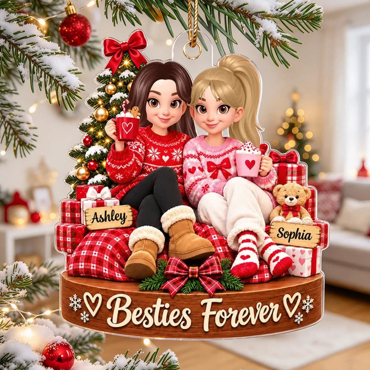 Personalized Acrylic Ornament, Friends Holding Mugs by a Christmas Tree, Unique Red Cartoon Gift for a Close Friend