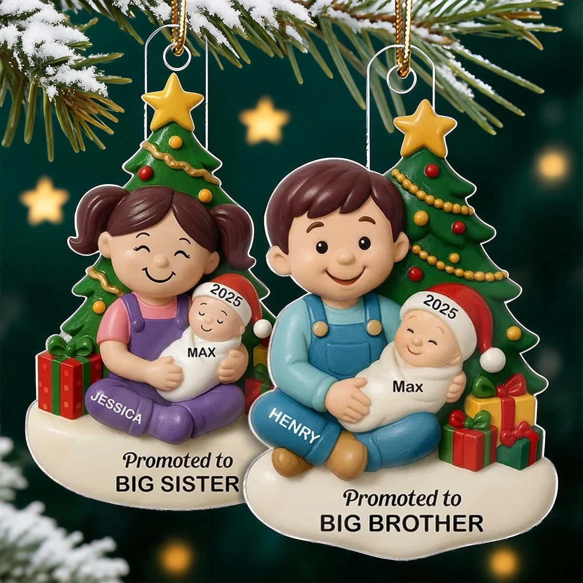 Personalized Acrylic Ornament, Big Sister or Big Brother Holding a New Baby by a Christmas Tree, Unique Sibling Gift