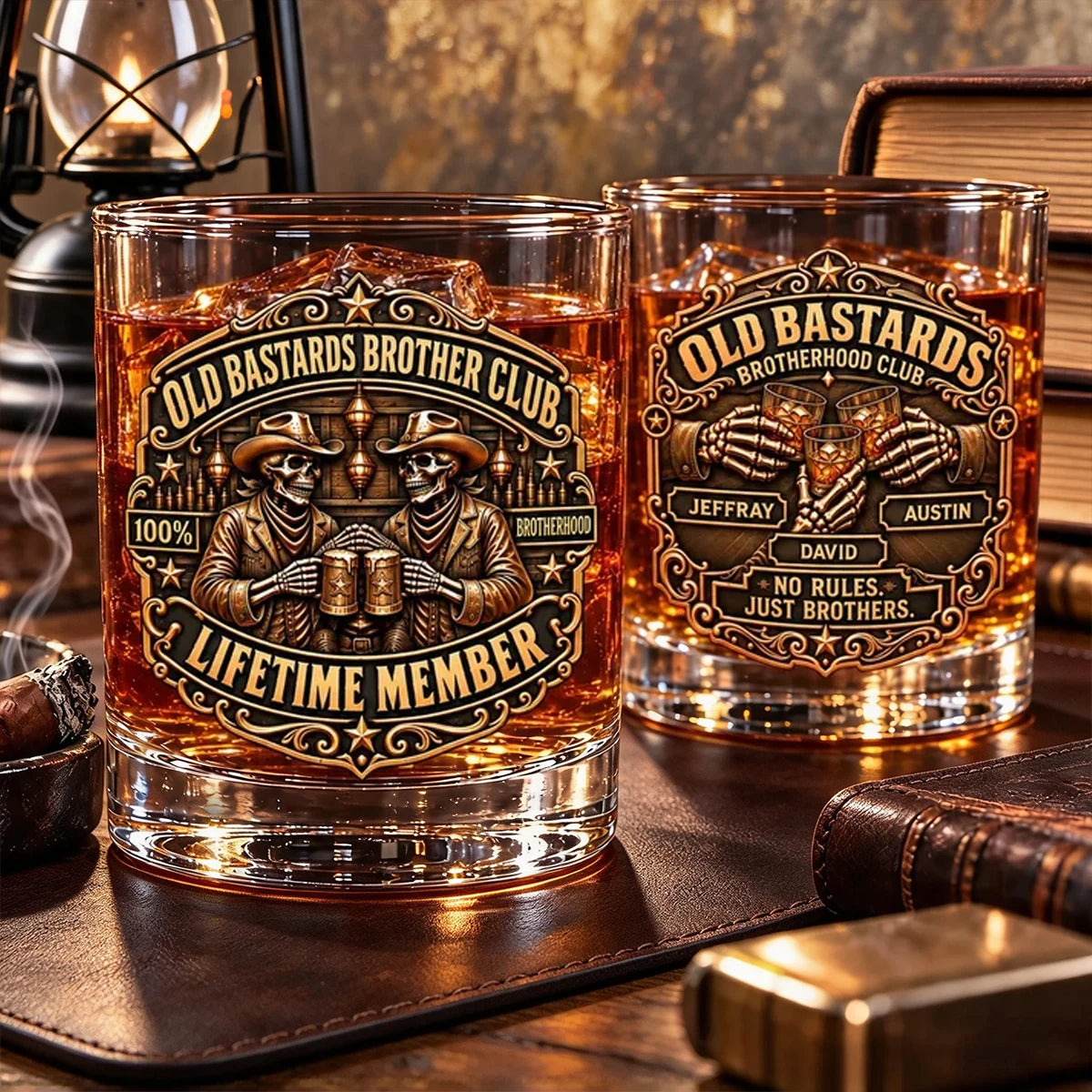 Personalized Whiskey Glass with Clinking Cowboy Skeletons in an Amber Bar, Unique Gift for Brother
