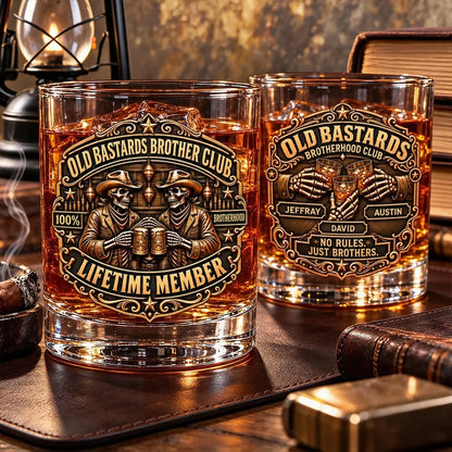 Personalized Whiskey Glass with Clinking Cowboy Skeletons in an Amber Bar, Unique Gift for Brother