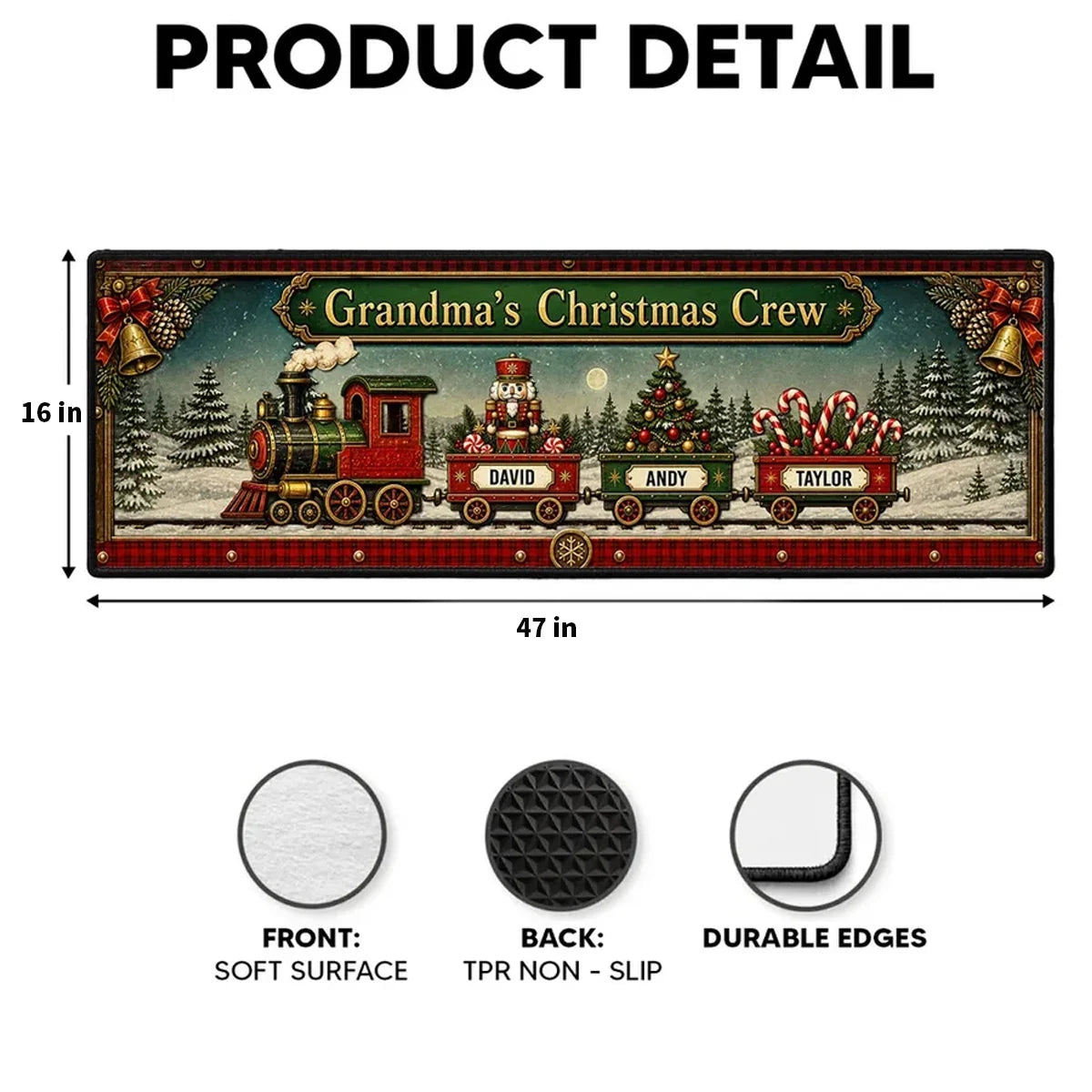 Personalized Standard Doormat, Snowy Christmas Train Design, Unique Gift for Grandma