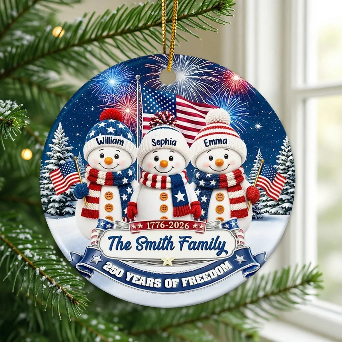 Personalized USA 250th Anniversary Snowman Family Ornament, American Flag Christmas Keepsake, Custom Family Gift