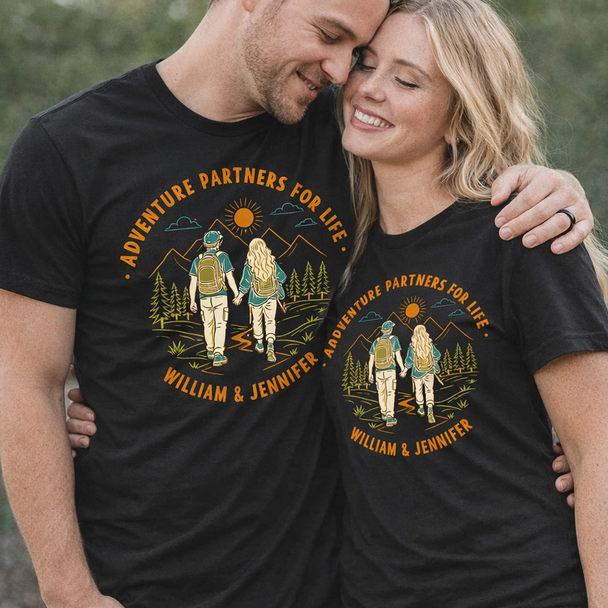 Personalized Classic Tee, Retro Hiking Couple Adventure Partners For Life, Unique Gift For Couples