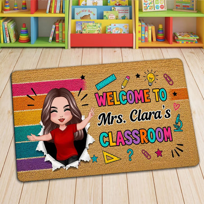 Personalized Doormat With Waving Teacher Illustration, Colorful Classroom Decor, Unique Gift For Teacher