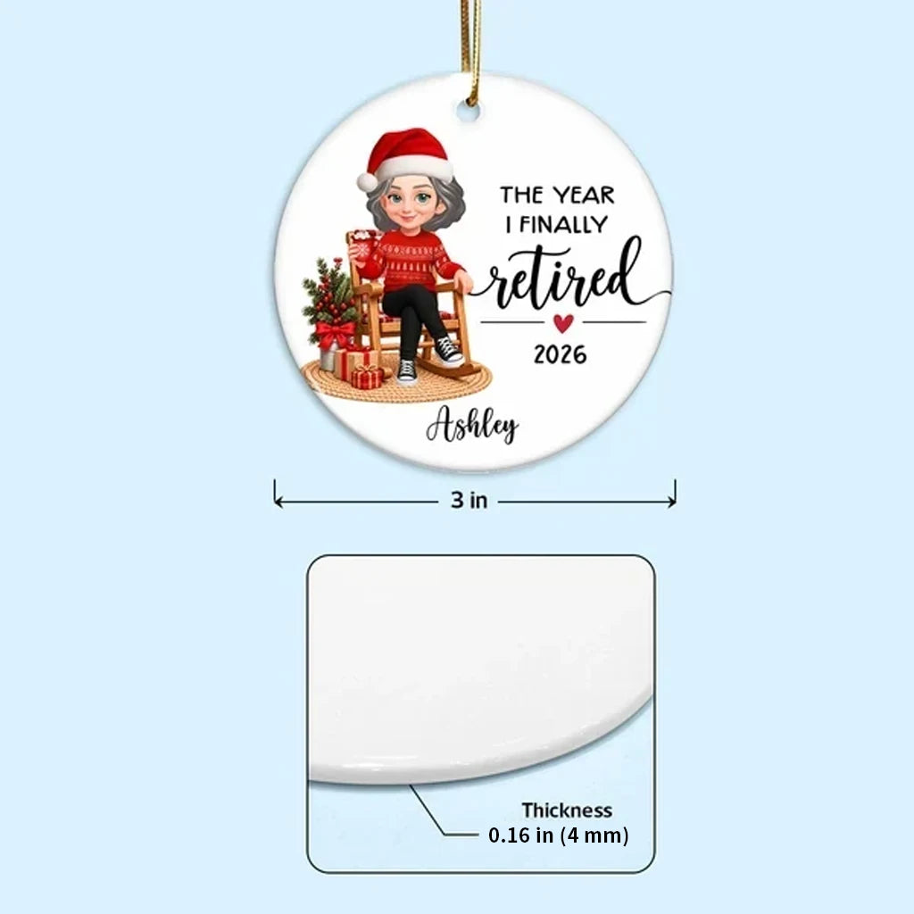 Personalized Ceramic Ornament, Retired Woman Holding a Mug in a Christmas Rocking Chair Scene, Unique Gift