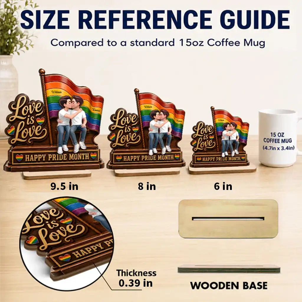 Personalized 2-Layer Wooden Plaque, LGBTQ Couple Kissing by Rainbow Flag, Unique Pride Month Gift