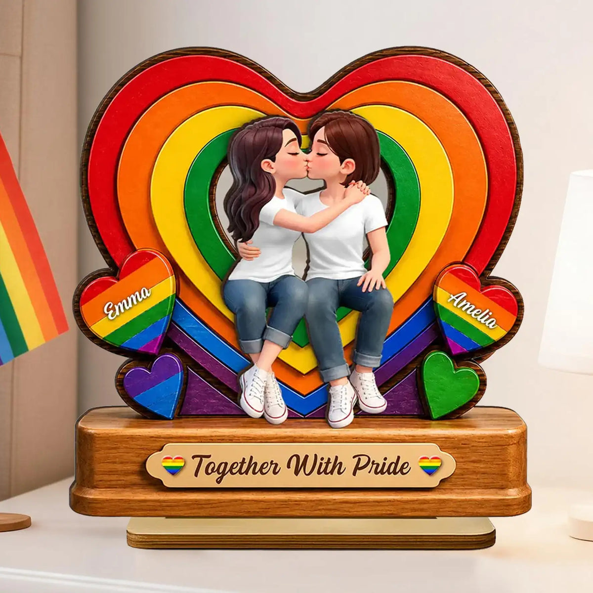 Personalized 2-Layer Wooden Plaque with Kissing LGBTQ Couple, Rainbow Heart, Unique Gift for Partner