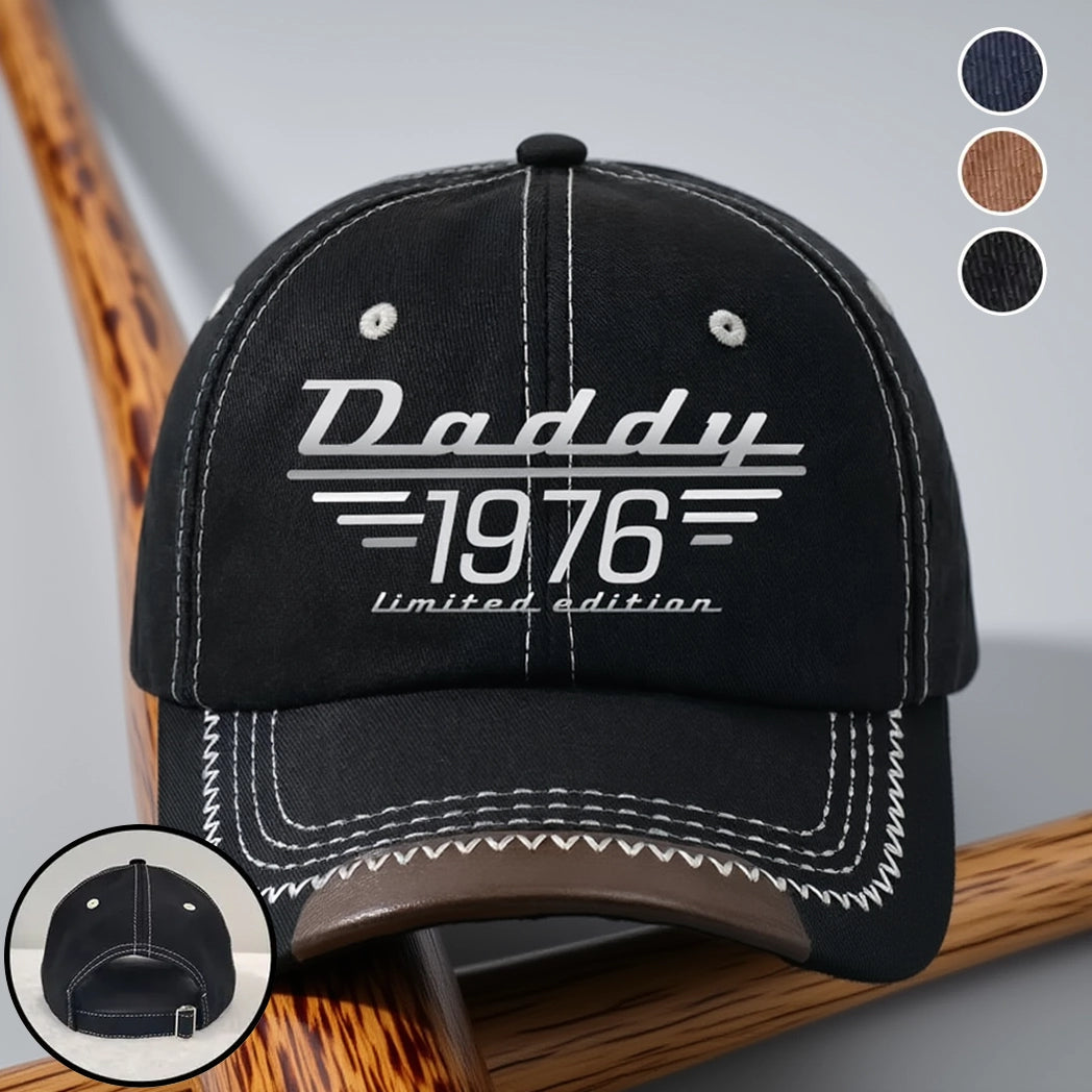 Leather Brim Cotton Cap, Custom Dad Style Baseball Look, Black Stitch Detail, Unique Gift for Dad