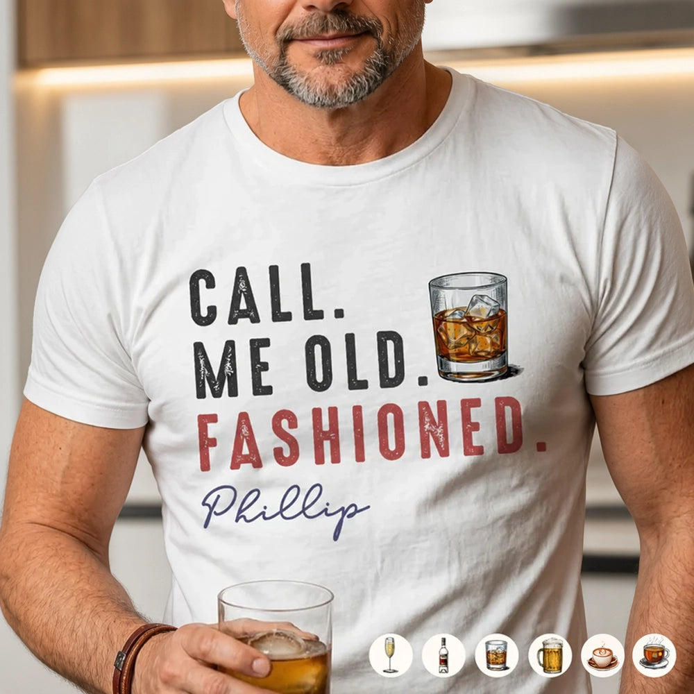 Personalized Classic Tee with Old Fashioned Cocktail Art, Creative Gift for Him, Bar Night Style