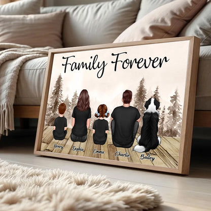 Custom Family Poster, Cozy Woodland Scene with Back View Parents Kids and Pet, Heartfelt Home Decor Unique Gift