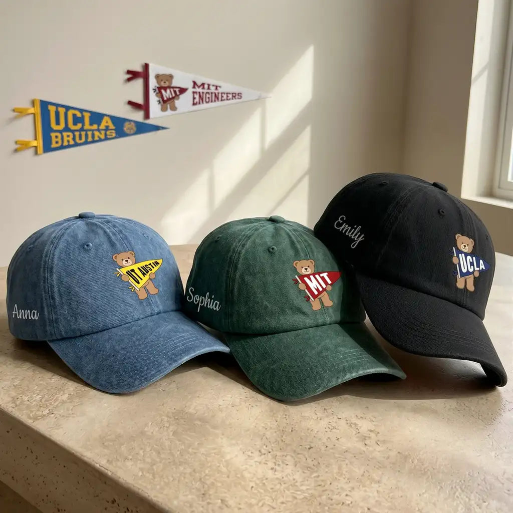 Personalized Washed Denim Baseball Cap, Cute Bear Holding Pennant, Unique Gift for Students & Friends