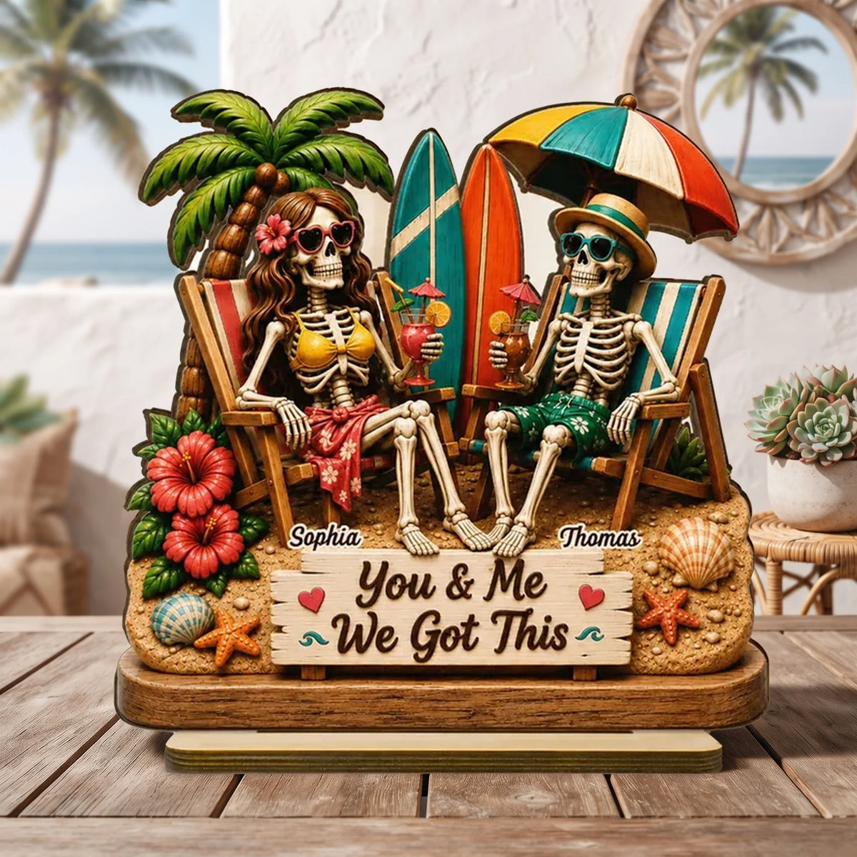 Personalized 2-Layer Wooden Plaque, Skeleton Couple Beach Scene, Unique Gift for Couples