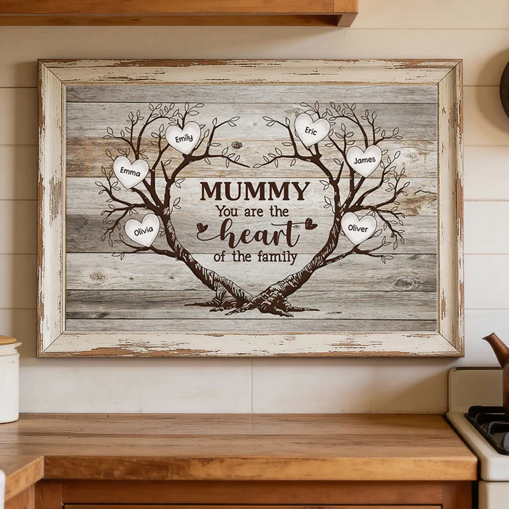 Personalized Mummy Heart of the Family Poster, Rustic Tree of Hearts Wall Art, Unique Gift for Mom