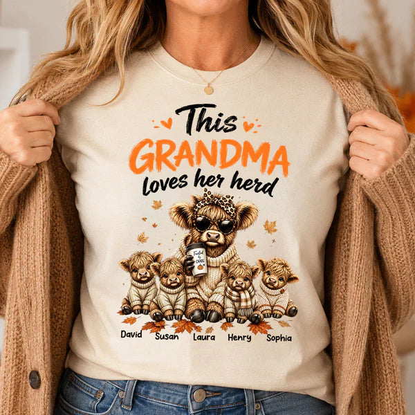 Personalized Classic Tee, Grandma Herd Highland Cow Fall Design, Unique Gift for Grandma