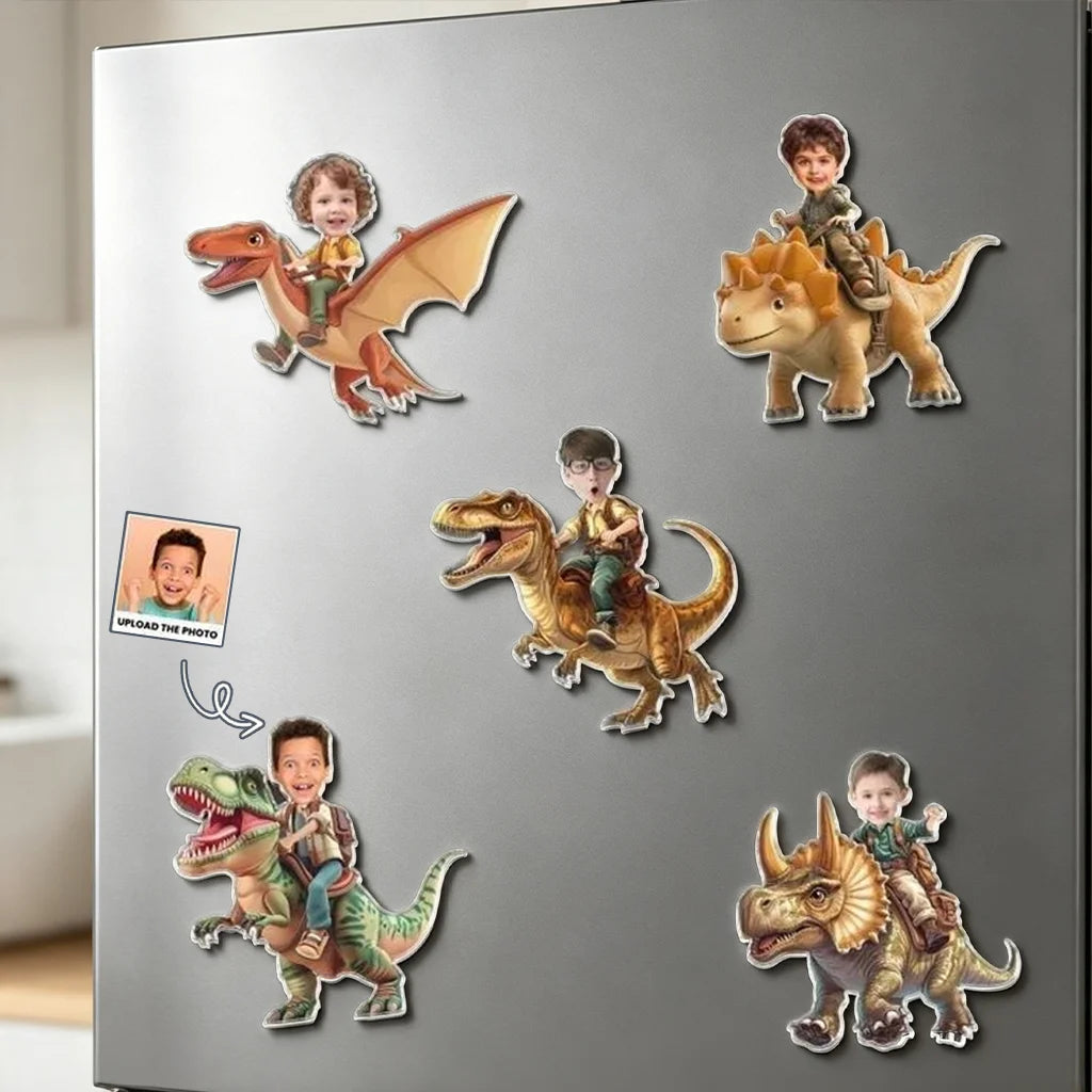 Personalized Acrylic Magnet, Child Riding Dinosaur Photo Design, Unique Gift for Son or Grandson
