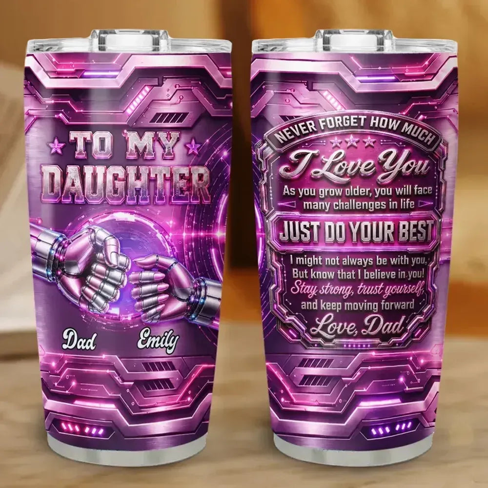 Insulated Travel Tumbler for Daughter, Personalized Pink Cyber Design, Creative Gift with Encouraging Dad Quote