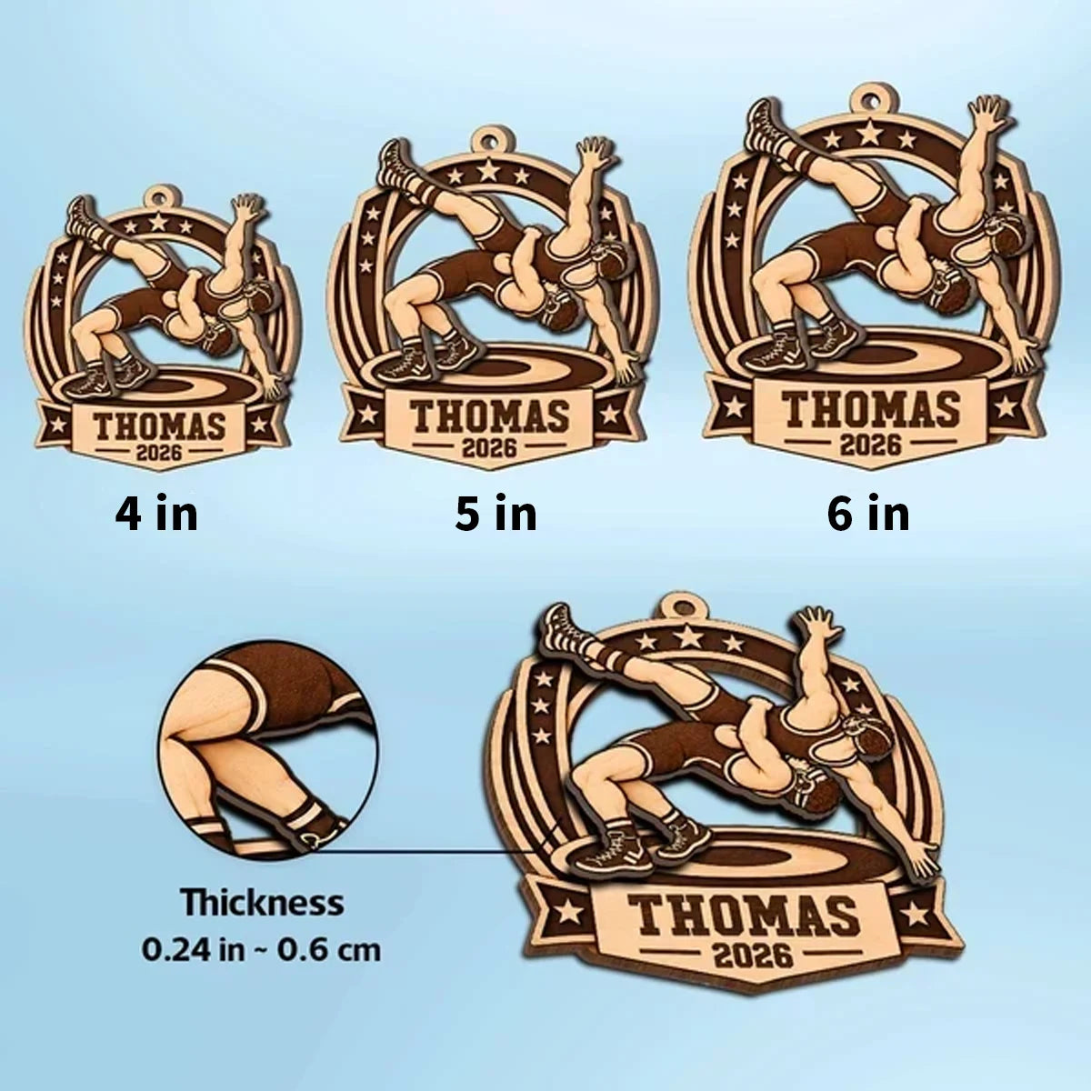 Personalized 2-Layer Wooden Ornament, Warm Brown Wrestling Action, Unique Gift for Son