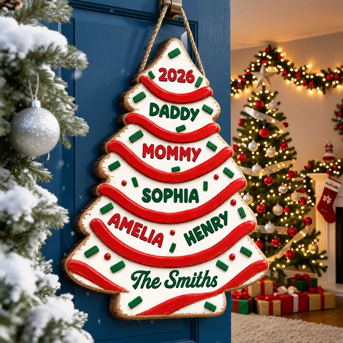 Personalized Family Christmas Tree Cake Wooden Sign, Custom Front Door Decor, Creative Gift for Families
